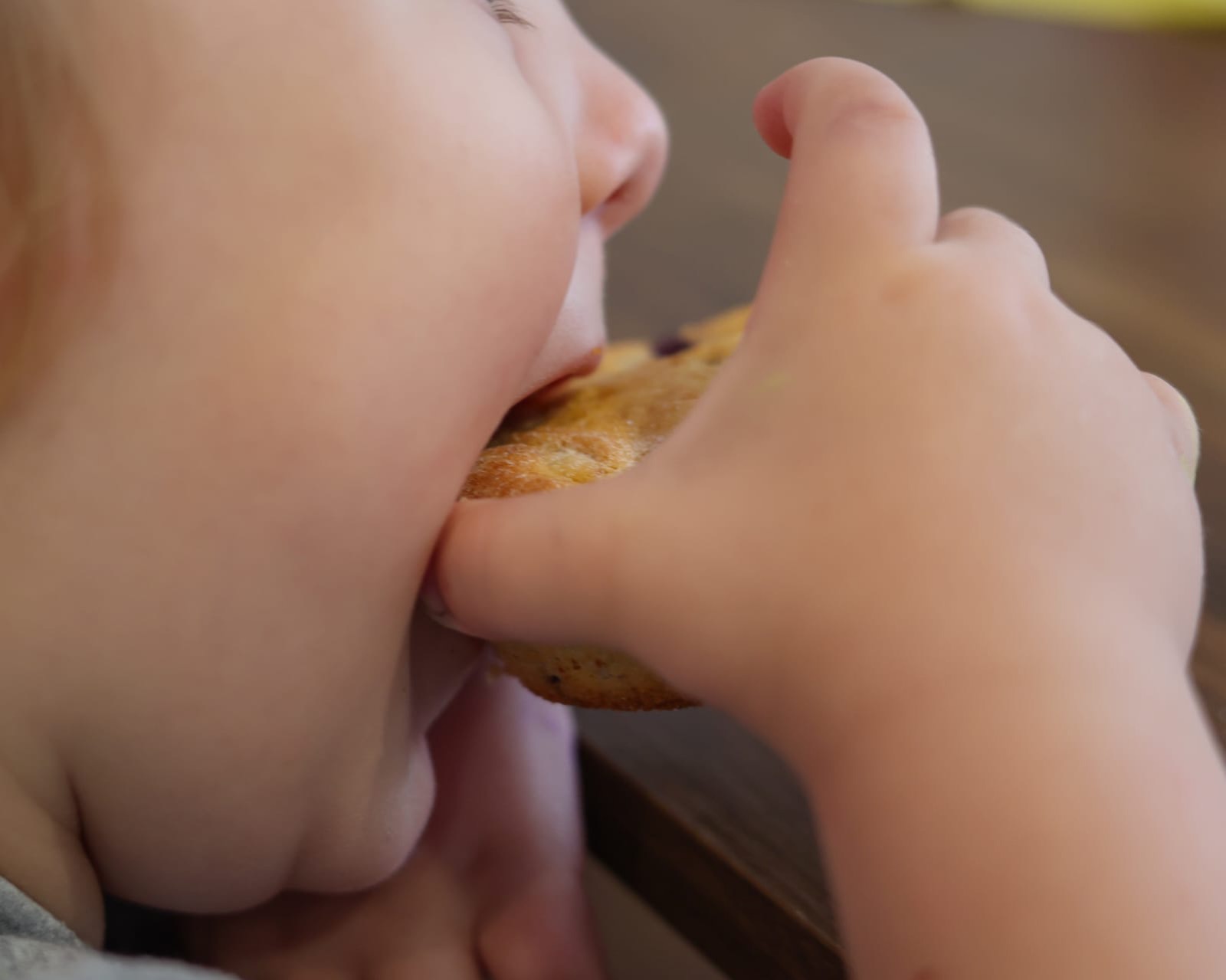 Kleines Kind beißt herzhaft in einen Muffin