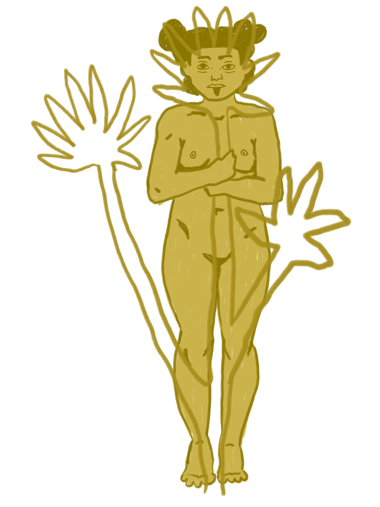 Handgezeichnete Casa-Blumen-Figur im Art-brut-Stil mit Blättern als Händen, Symbol für die MX×DE-Kreativwerkstatt aus Coburg